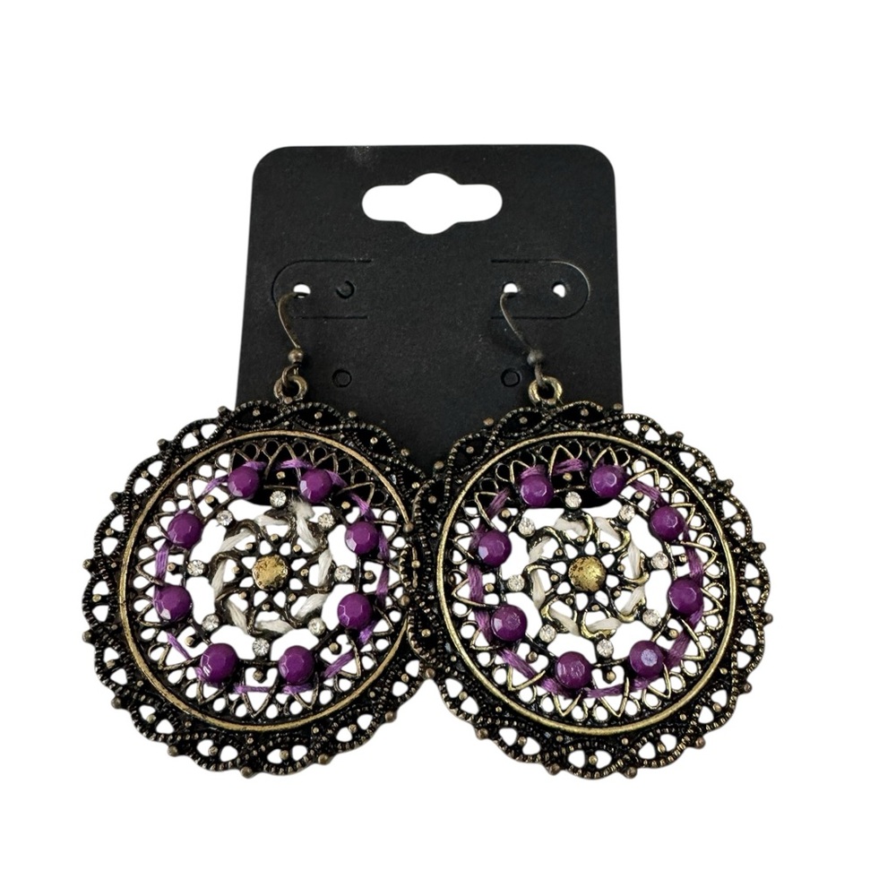 Purple and Gold Filigree‎ Hook Earrings Boho Gypsy Eclectic